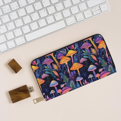 Colorful Mushroom Print Wallet Women, Leather Bifold Multi Card Wallet, Long Purse Women's Wallets 5