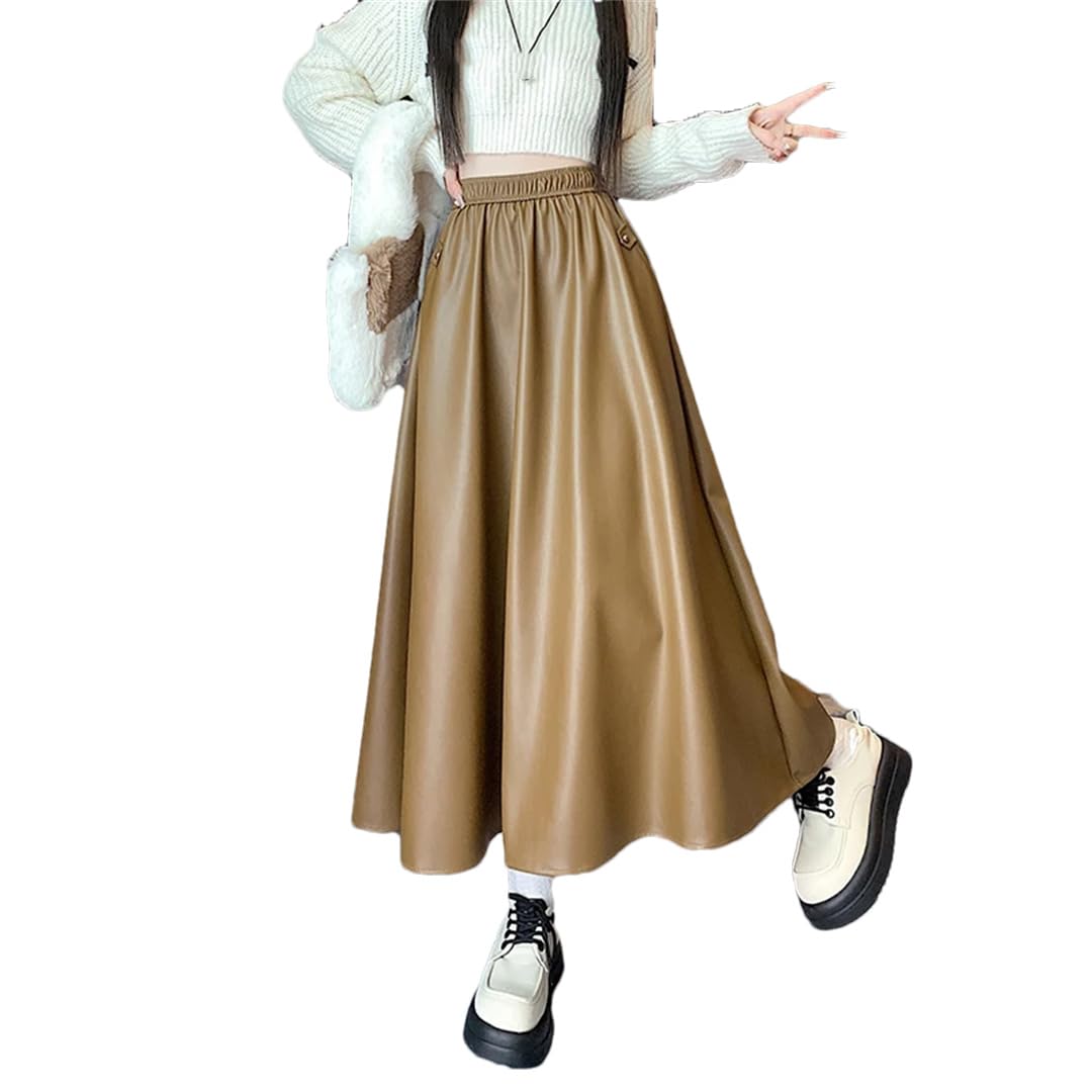 Wjnvfioo Moda Allentato A-Line Lungo PU Gonne In Pelle Donna Autunno Inverno Elastico A Vita Alta A-Line Gonne Casual Pieghe