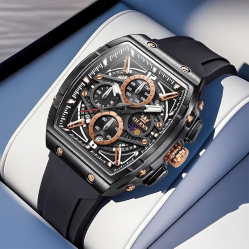 OLEVS Black Mens Watch Silicone Band Rectangle Dial Classic Watches for Men Fancy Quartz Movement Waterproof Men Calendar Watch Everyday Chronograph Work Mens Cuff Watches Reloj De Hombre — view 4