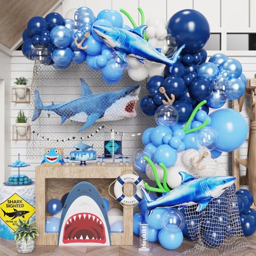 145Pcs Shark Party Balloon Garland Kit Blue Balloon Arch Decorations for Boys Birthday Party Ocean Theme Under the Sea Party Supplies with Navy Blue White Clear Balloons
