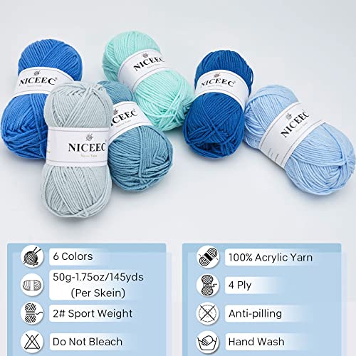 Image of NICEEC 300g Soft Assorted Colors Yarn - Sport Weight,100% Acrylic, 4 Ply, Bonbons Yarn for Crochet & Knit, DIY Project Starter Kit for Kids or Adults(Total 870yds) - Aqua