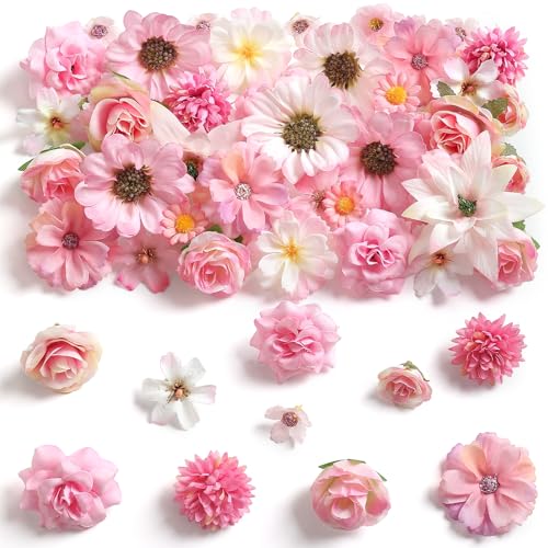 rongflower Mini Artificial Flowers for Crafts, 45 Pcs Pink White Silk Fake Flowers Assorted Faux Roses Peonies Daisies Bulk for Wedding Decor Graduation Cap Cake Topper Home DIY