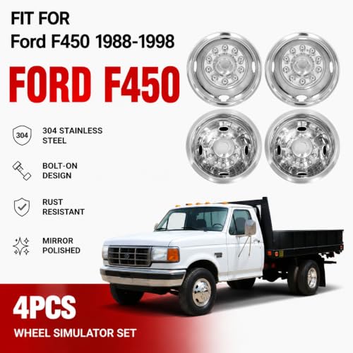 Image of 4pc 16 inch Anti Rust Wheel Simulators Compatible with Ford F450 1988-1998 w /Tool Kit C16D10, 10 Lug Polished Stainless Steel Dually Bolt On Cover Hubcaps C16D10