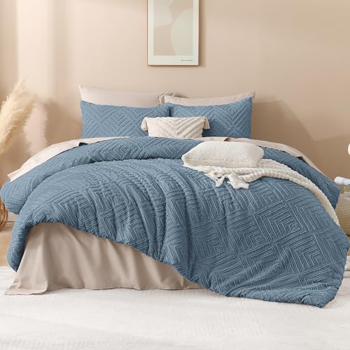 Image of Andency Blue Comforter Set Full Size, 3 Pieces Boho Lightweight Fluffy Bedding Comforter Set for Full Bed, Tufted Farmhouse Design Bed Set for All Season (1 Comforter 79x90In, 2 Pillowcases)