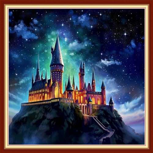 Image of Foxhool Beginners Cross Stitch Kits Stamped Full Range of Embroidery Kits for Adults DIY Cross Stitches kit Embroidery Patterns for Needlepoint kit-Magic Castle 18x18 inch