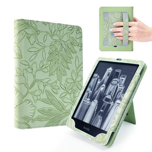 7/6.8 Green Embossed Case Compatible with Kindle Paperwhite 11th/12th Gen Colorsoft Signature Edition 2024 Retro Flower Book Cover Hand Strap Stand Auto Wake Design Accessories 2025