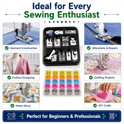 Image of ZENITH 11 Pcs Sewing Machine Presser Feet Accessories Kit, Compatible with Brother, Usha Janome, Singer Low Shank, Multiple Stitch Functions (11 pc Kit + 25 Multicolor Bobbin Box)