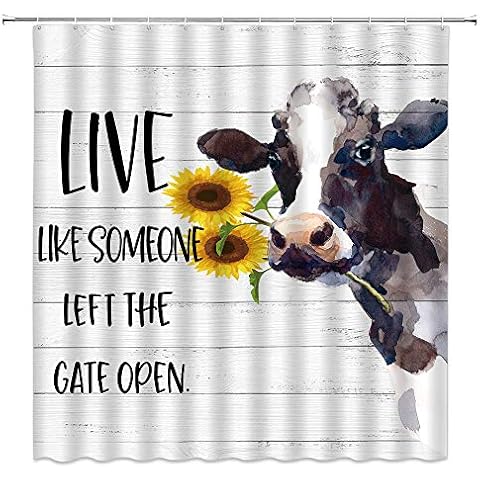 Farm Animal Shower Curtain Milk Cow with Sunflower and Funny Words on Rustic Wooden Decor Funny Humor,Fabric Bathroom Set Hooks Included 7180X180cmBlack Yellow Cover