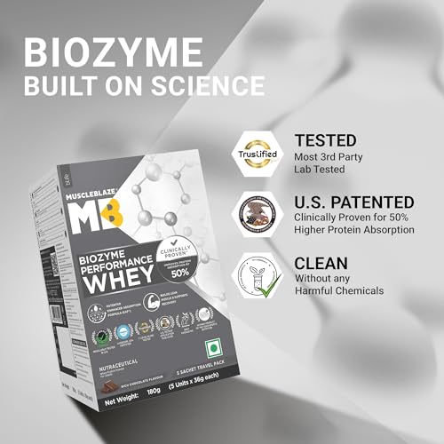 Image of MuscleBlaze Biozyme Performance Whey Protein Powder, Rich Chocolate, 5 Sachets (36g each) | Travel Pack | 25g Protein Per Sachet | Clinically Tested 50% Higher Protein Absorption