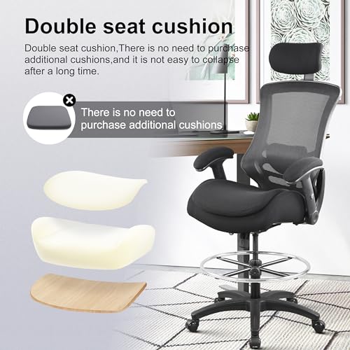 Image of BOLISS 400lbs Ergonomic Drafting Chair,Tall Office Mesh Chair, Standing Desk Chair,Height Adjustable Armrest and Flip up Arms, Adjustable Lumbar Cushion (Black Frame Black Mesh)
