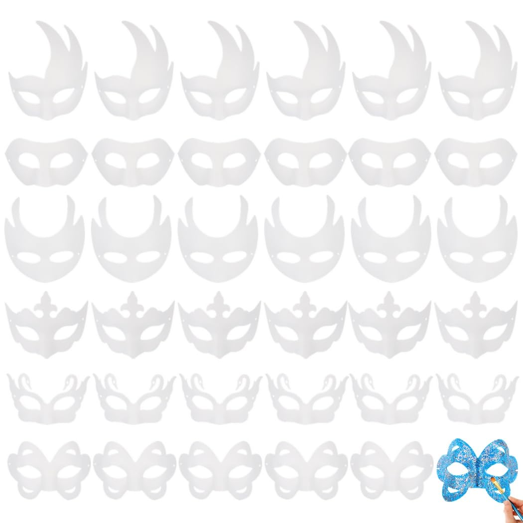 Generisch 36 Stk. unbemalte Masken, 6 Designs, Halbmasken aus weißem Pappmaché zum Bemalen, DIY-Masken für Kostümpartys, kreative Partydekoration und einzigartige Requisiten