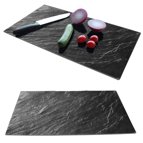 Set of 2 Glass Chopping Boards - 2pcs Universal Hob Cover Worktop Savers for Induction Ceramic & Electric Stove - Non-Slip Tempered Glass Cutting Board - Black Slate Marble