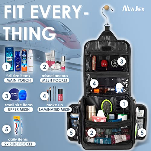 Avajex Extra Large Hanging Toiletry Bag For Men And Women - Cosmetic Travel Bag With Shoulder Strap - Waterproof Hygiene Bag With Metal Xxl Swivel Hook, Ykk Zippers And 19 Compartments For Toiletries #TOP1