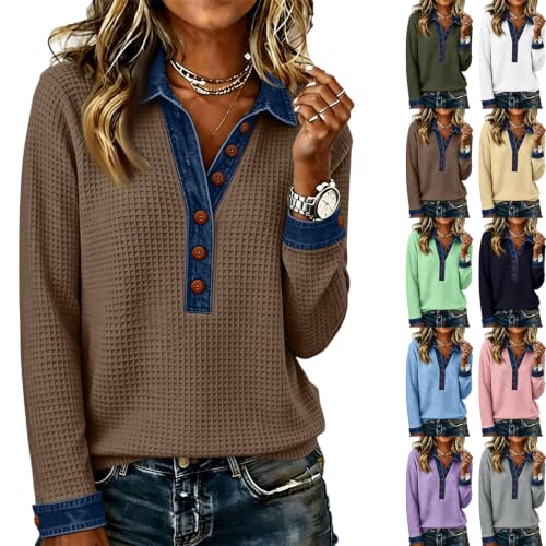 Long Sleeve T Shirts for Women Waffle Knit Denim Basic Fit Holiday Tops — view 6