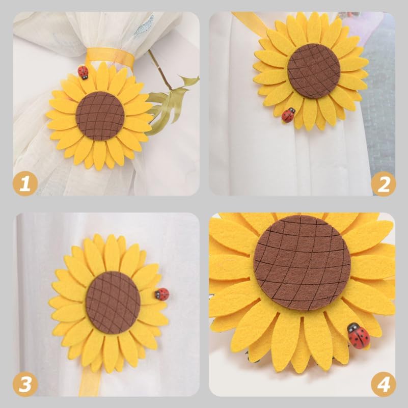 Sunflower Curtain Tiebacks 4 Pack Floral Curtain Holdbacks with Cloth Clips Window Treatment Hardware for Drapes and Home D Cor 3.93 X 3.93 X 0.78 in
