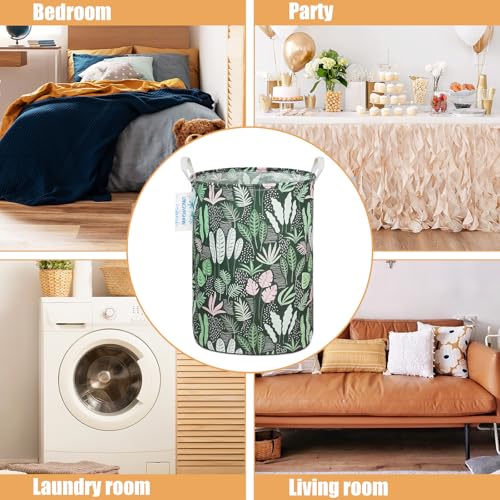 Image of Round Laundry Basket Collapsible Storage Hamper Organizer Full Leaf | Waterproof Canvas Foldable Baskets with sturdy Handles Multi-scene Organizer for Home Play Bedroom Gift Bin