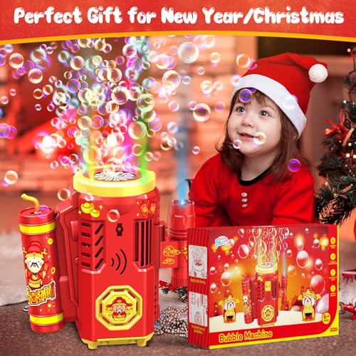 Skirfy Reusable Fireworks Bubble Machine with Lights for Chinese New Year Party,Automatic Bubble Machine with 300ml Bubble Solution,Bubble Maker Toy for Kids with Realistic Sound for Wedding,Birthday