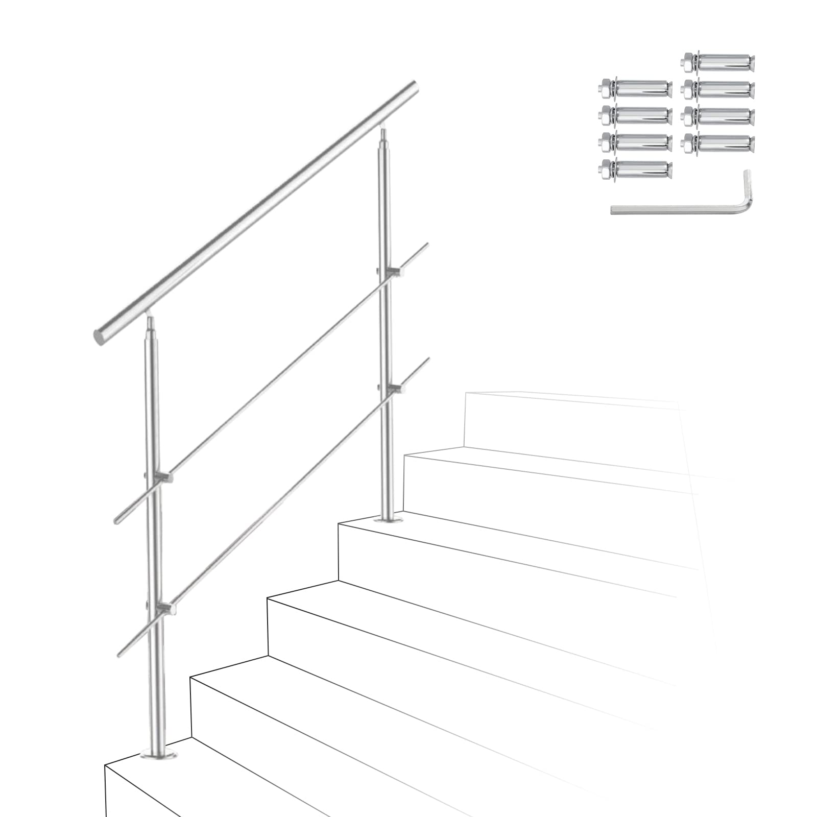Ikodm Barandilla de acero inoxidable para escaleras, 100 cm, con 2 barras transversales y accesorios, para escalera interior, balcón, entrada de casa