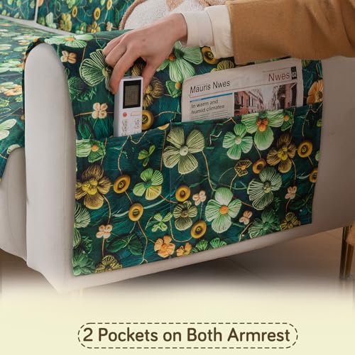 Image of HOKIPO 'Nature Muse' Premium HD Printed Holland Velvet Sofa Armrest Covers with Pockets | 1 Pair | Emerald Garden (IN-921-L-D4*2)