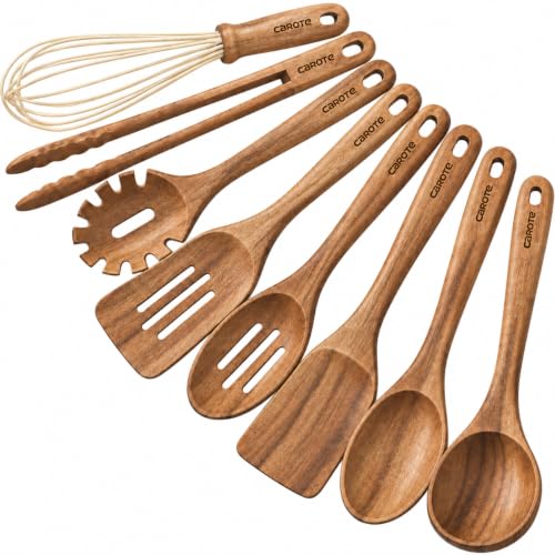 CAROTE Wooden Utensil Set, 8-Piece Acacia Wood Cooking Utensils
