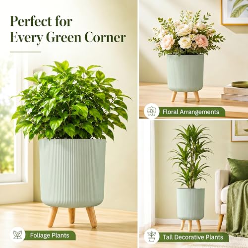 Image of Eightiz Store Modern Light Green Flower Pot with Plastic Legs | Indoor Outdoor Planter for Home Garden Balcony Decor Ribbed Design Sturdy Plastic Mid-Century Style (Light Green, Pack of 2)