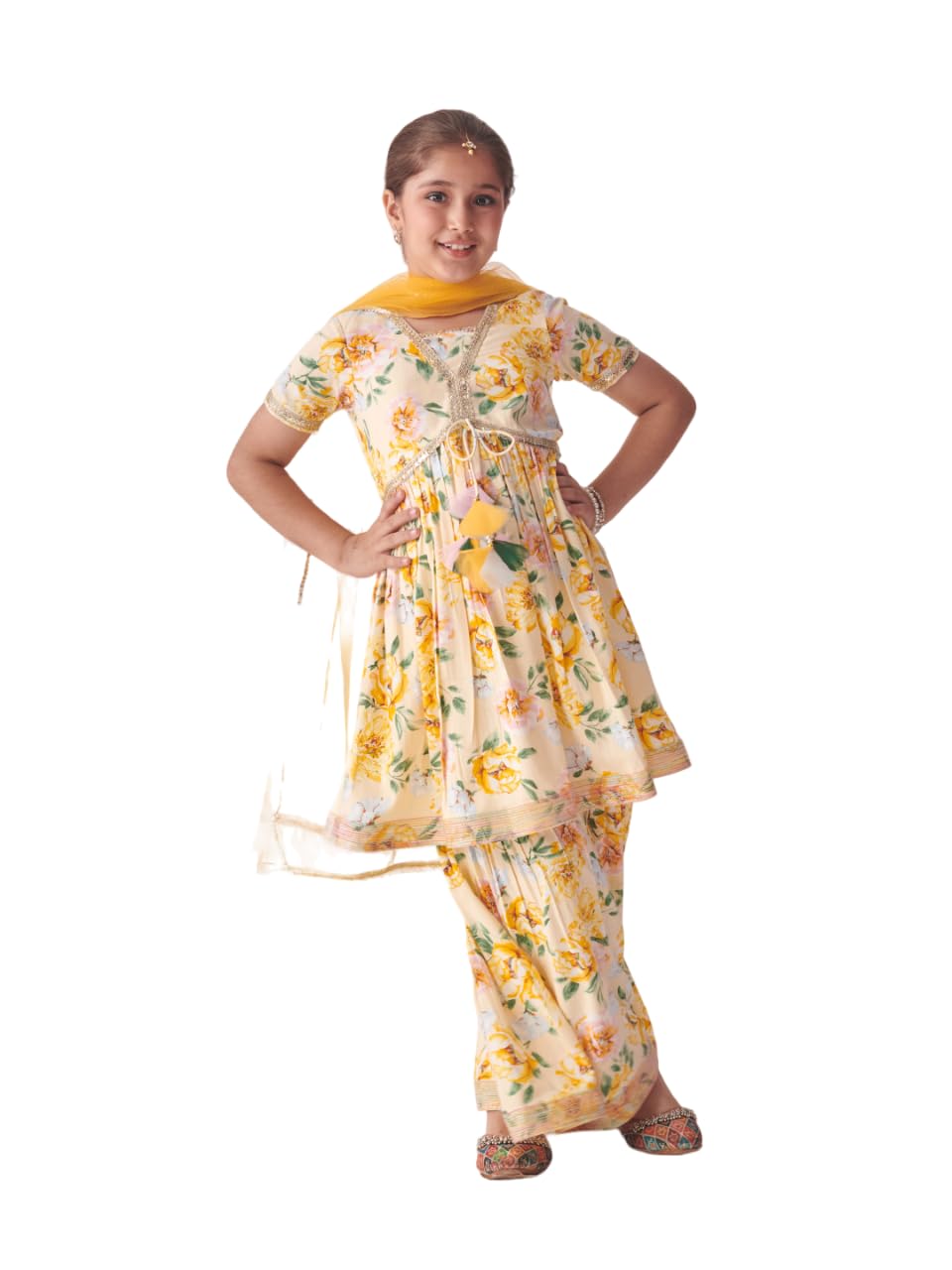 Pspeaches Girl's Cotton Sharara Set (Sha-Offwhiteyljaal-12-13Y_Offwhite