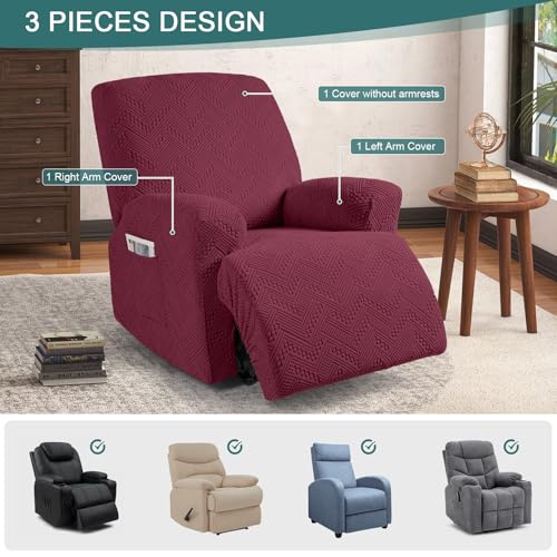 Image of Ruaozz Recliner Sofa Covers Recliner Chair Covers Recliner Covers for Reclining Chair with Pockets Washable Furniture Protector with Elastic Bottom (1 Seater, Wine)