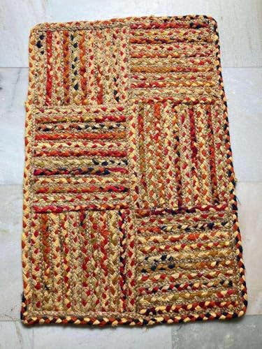 Image of Handmade Natural Jute Cotton Natural Fibers Floor /Door Mat Rugs Furnish Decor Striped Rectangular Design Carpet for Bedroom Living Room (JUTE0013, 2x3-Runner)