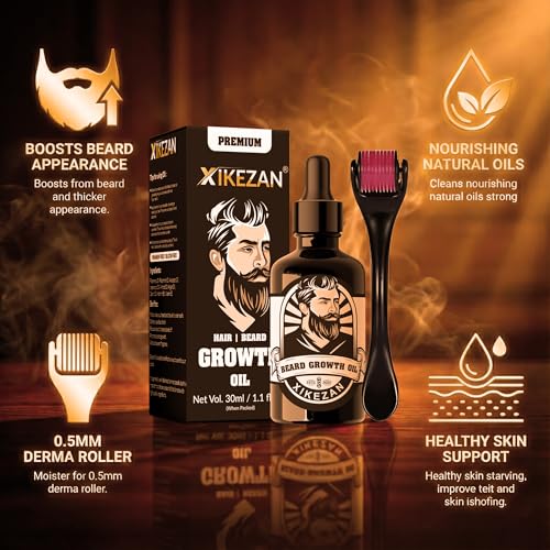 Image of XIKEZAN Men's Beard oil for men & Hair Growth -30ml | All Natural Formula for a Fuller | Healthier Beard and Hair - Softens, Strengthens | Promotes Growth (30ml) (Beard Oil with Roller)