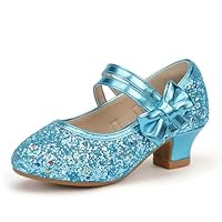 PANDANINJIA Molly Girls Dress Shoes Mary Jane Heels Flower Wedding Party Back to School Pump Shoes para crianças pequenas, Cora Blue Sequin, 3 Little Kid