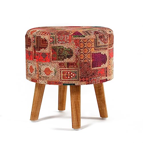 Image of NACIA Printed Ottoman Upholstered Foam Cushioned Pouffes Puffy Stool for Living Room Sitting Muddha Wooden Velvet Pouf Stool for Foot Rest, Home Decor Dressing Table Stool, 16x16x17 Inches, Beige