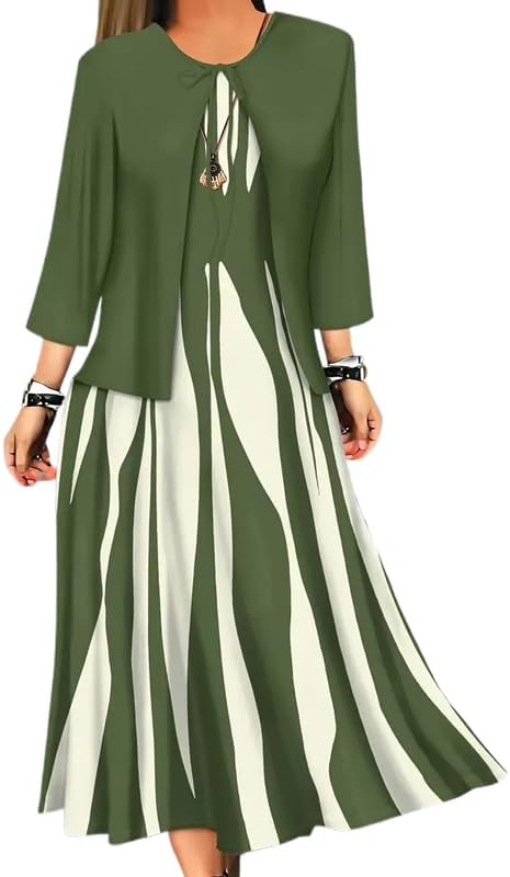 Women's 2 Piece Maxi Dress Set 3/4 Sleeve Open Front Cardigan and Striped Sleeveless Dress Wedding Guest Dresses