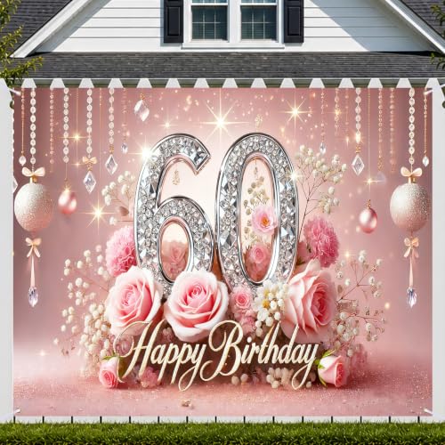 Image of Nuxovilar 60th Birthday Banner - Elegant Pink & Gold Floral Backdrop
