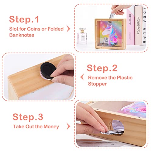 Image of ICOSY Piggy Bank for Kids, Wooden Framed Coin Bank | Personalized Money Box for Kids with DIY Name Alphabet Stickers and Clear Acrylic Window for Money Saving