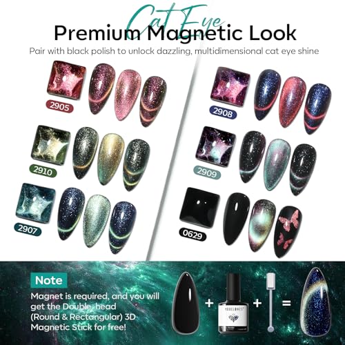 Image of modelones Cat Eye Gel Nail Polish Set, 6 Colors 6 9D Cateye Glitter Magnetic Nail Polish Black Red Green Yellow Colorful Gel Polish with Magnet Soak Off LED DIY Gift