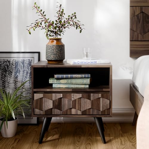Image of Bme Georgina Solid Wood Nightstand with 1 Drawer & Open Shelf- Fully Assembled Mid Century Modern Side Table - Geometric Pattern Bedside Dresser for Bedroom and Living Room, Mocha