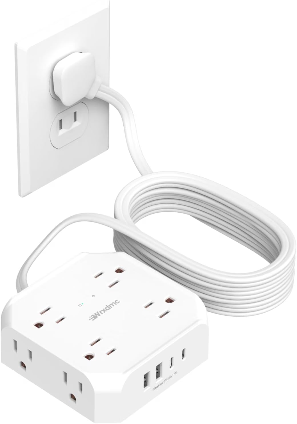 2-bolcowa listwa zasilająca, WRXDMC adapter z 2 bolcami na 3 bolce, ochrona przeciwprzepięciowa 1400J, przedłużacz o długości 4,6 m, 8 gniazd AC z 2 portami USB C i 2 portami USB A, do montażu na