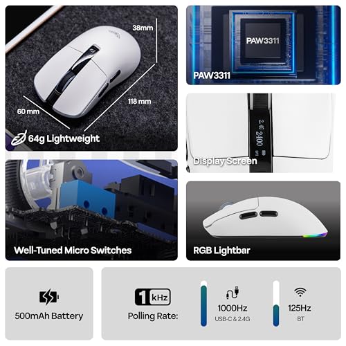 Image of MechLands Aula SC590 PRO Gaming Mouse with Display Screen, 2.4G /USB-C /BT Wireless Mouse with 500mAh Battery, Adjustable 20,000 DPI & 1000 Polling Rate, PAW3311 Sensor, for Win /Mac /Gaming (White)