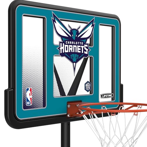 Image of Lifetime NBA Charlotte Hornets Portable Basketball Hoop, Adjustable Height 7.5-10 Ft, 44 Inch Shatterproof Fusion Backboard, Base with Wheels