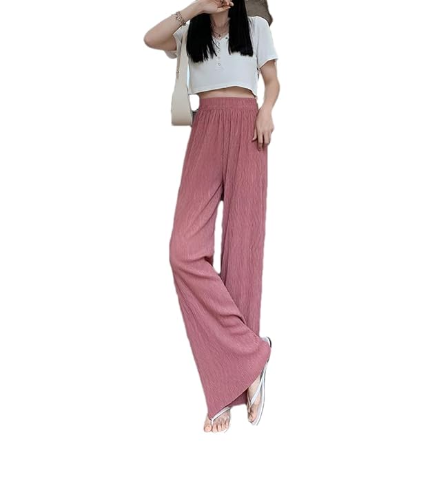 Pulcykp Women High Waist Pleated Ice Silk Wide Leg Pants Thin Style Chiffon Loose and Thin Pants