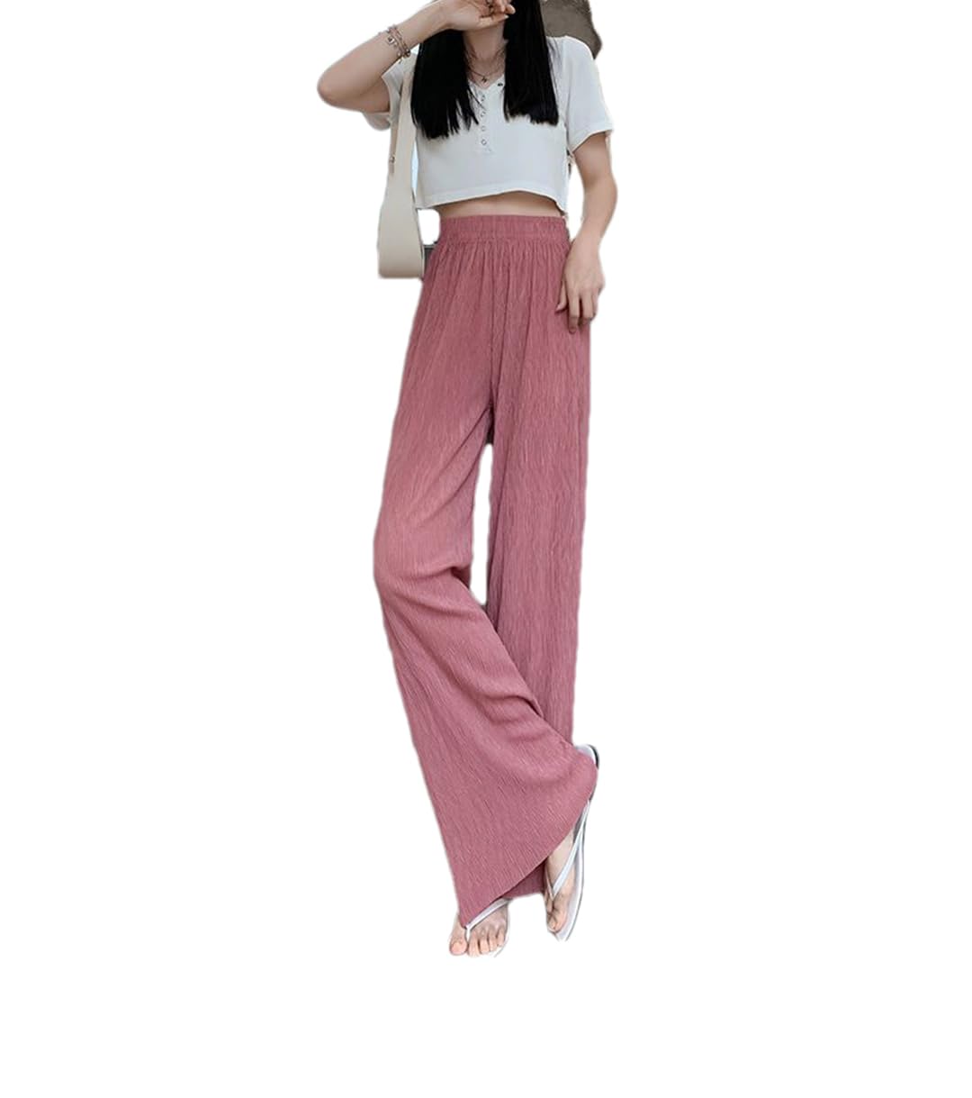 Pulcykp Women High Waist Pleated Ice Silk Wide Leg Pants Thin Style Chiffon Loose and Thin Pants
