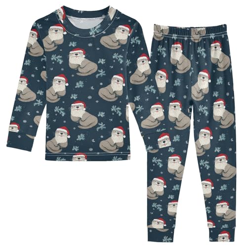 Fustylead Christmas Sea Otters and Snowflake Pajamas Cotton Sleepover PJ Set Long Sleeve Lounge Wear