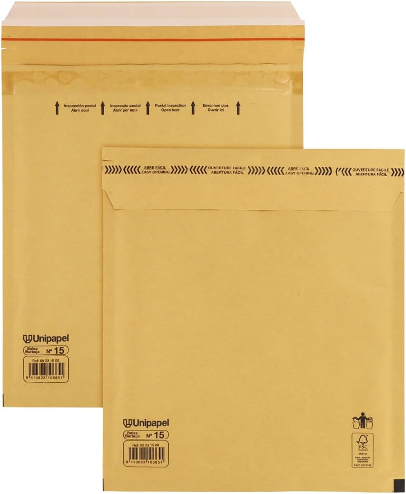Unipapel | Kraft Padded Envelopes with Bubble Paper Inside | No. 15 Measures 220x265 mm | Self Adhesive Closure | Pack 10 Units | Perfect for Safe and Secure Shipping | FSC Certified