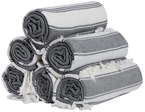 (SET of 6) 100% Turkish Cotton Beach Towel Set, Hammam Peshtemal Blanket, Thin Light Compact Travel Towel for Adults, Oversized Quick Dry Sand Free, Made in Turkey, Prewashed, 71x36