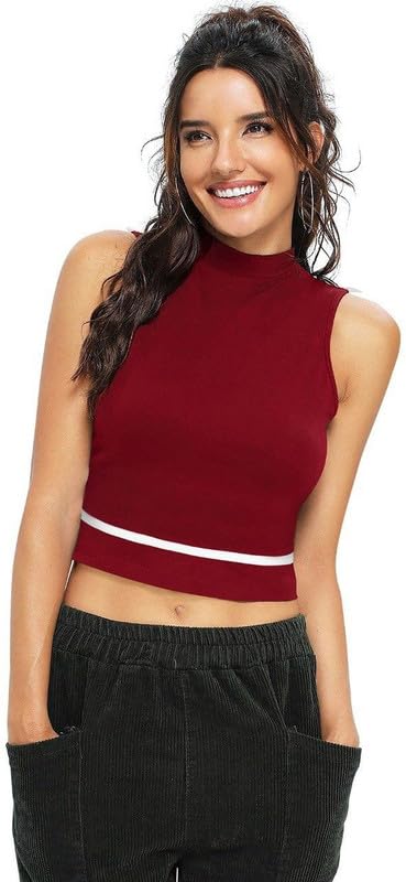 Dream Beauty Fashion Women’s Sleeveless Slim Fit Crop/Tank Top High Neck Casual (Top-Tipsy-01-Maroon-M) 1
