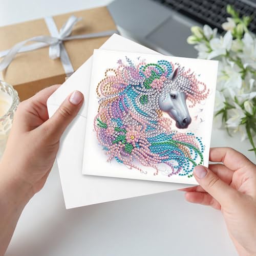 Image of AiYuanzsh Set of 6 Animal Diamond Painting Greeting Cards - Rooster, Turtle, Elephant, Horse, and Fox Designs 5D DIY Craft Kits with Colorful Rhinestones Diamond, Perfect for Birthday and Anniversary