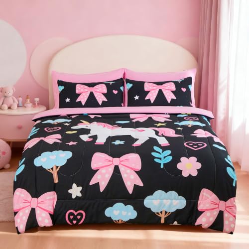 Image of Twin Comforter Set for Girls 5 Piece Black Pink Unicorn & Bow Bedding Set for Girls Super Soft Microfiber Bed Set Bed in a Bag with Comforter Sheets Pillowcase & Sham (5 Piece Twin Size)