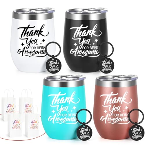 Gtmileo Thank You Gifts, 4 Pack Thank You For Being Awesome Insulated Tumbler Bulk, Coworker gifts for Women Men, Christmas Gifts for Coworker Employee Teacher Friend with Keychain Gift Bag, 12oz