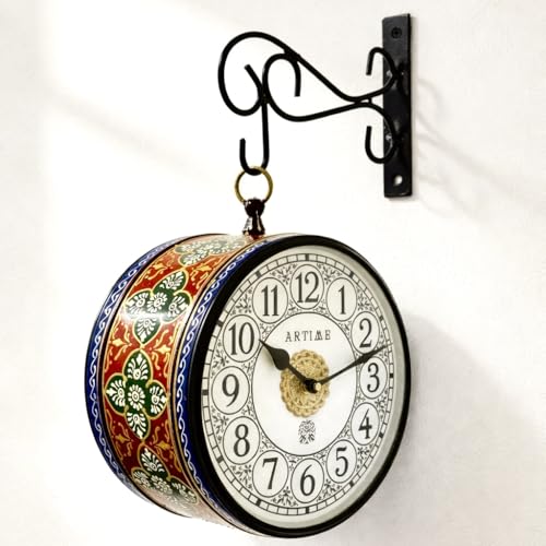 Image of Handcrafted Double Side Metal Analog Vintage Wall Clock | 1.5 Year Machine Warranty | 8 INCHES | 1 Side Number 1 Side Roman,Color (Blue Handprint)
