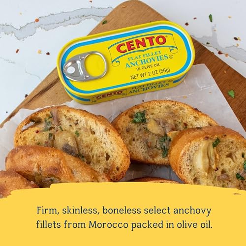 Cento Flat Fillet Anchovies in Olive Oil, 2 Oz, Firm, Skinless, Boneless, Canned Moroccan Anchovies, Easy to Open Pull Top Lid